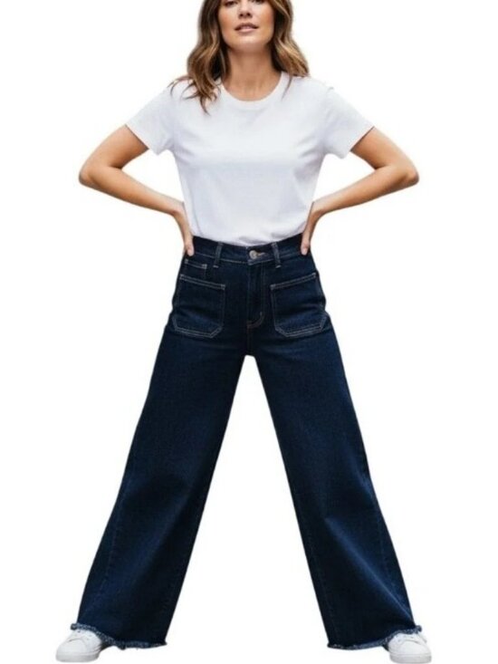 Zara Denim - Zara High-Waist Wide Leg Dark Wash Frayed Hem Jeans Size 2 #2543